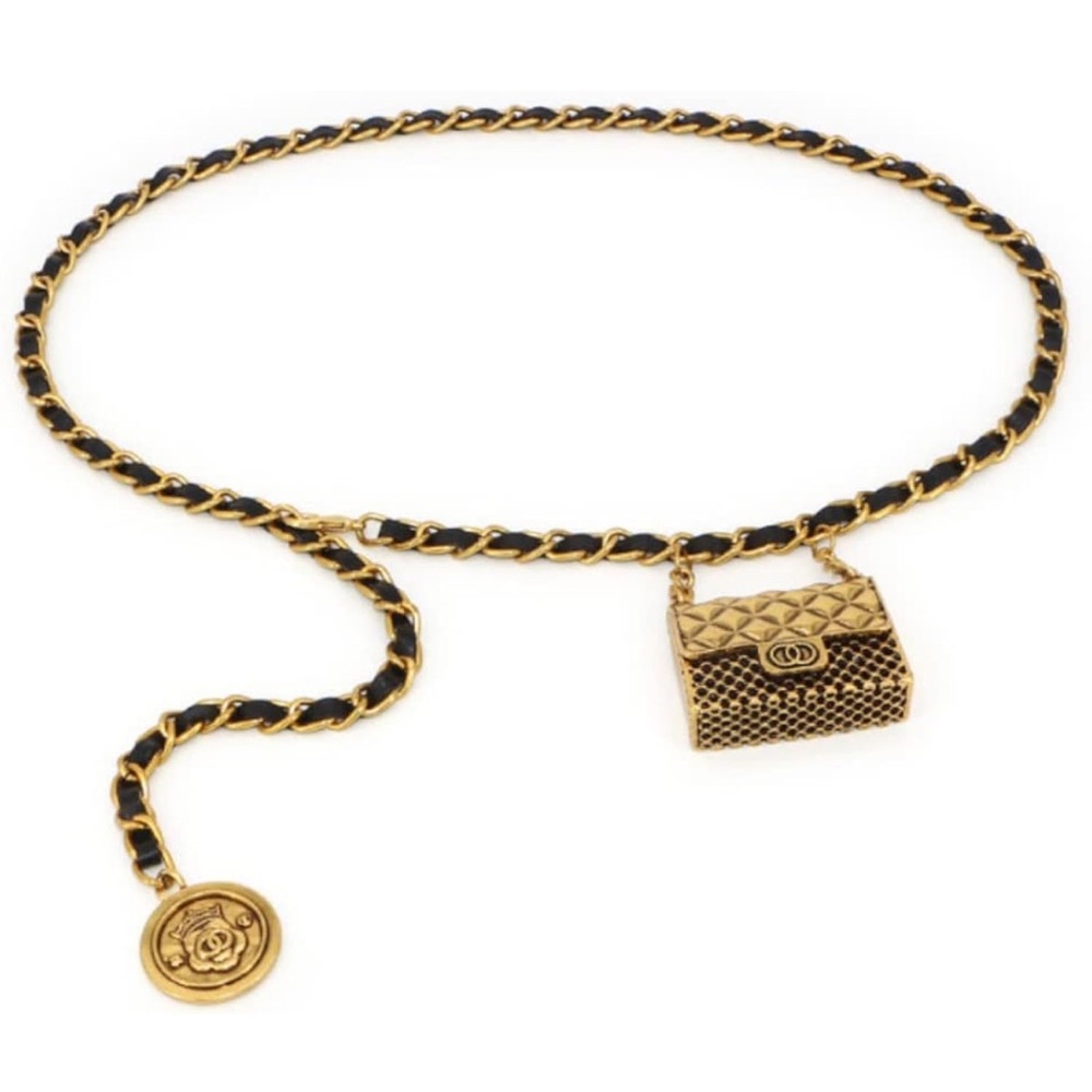 New! Black Gold Chain Belt With Mini Bag